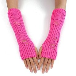 Deep Pink Acrylic Fiber Yarn Knitting Fingerless Gloves, Winter Warm Gloves with Thumb Hole, Deep Pink, 200x70mm