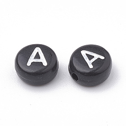 Letter A Perles acryliques opaques, trou horizontal, style alphabet, plat rond, letter.a, 7x4mm, Trou: 1.5mm, environ3700 pcs / 500 g