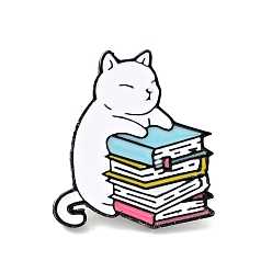 White Cat with Book Enamel Pin, Cartoon Alloy Badge for Backpack Clothes, Electrophoresis Black, White, 25.5x23x2mm