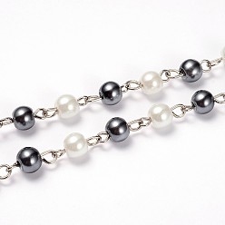 Gray Glass Pearl Round Beads Chains for Necklaces Bracelets Making, with Platinum Iron Eye Pin, Unwelded, Gray, 39.3 inch, Bead: 6mm