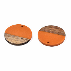Dark Orange Resin & Wood Pendants, Flat Round, Dark Orange, 28.5x3.5~4mm, Hole: 1.5mm