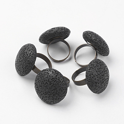 Black Adjustable Synthetic Lava Rock Rings, with Brass Findings, Size 9, Flat Round, Antique Bronze, Black, 16mm