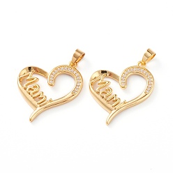 Real 18K Gold Plated Brass Micro Pave Clear Cubic Zirconia Pendants, Long-Lasting Plated, for Mother's Day, Heart with Word Mam, Real 18K Gold Plated, 26x22x3mm, Hole: 4x3mm