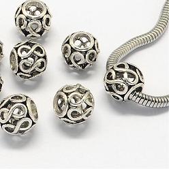 Antique Silver Alloy European Beads, Large Hole Beads, Rondelle, Hollow, Antique Silver, 11x9.5mm, Hole: 5mm