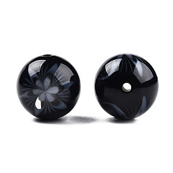 Черный Цветочные непрозрачные шарики смолы, круглые, чёрные, 20x19 мм, отверстие : 2 мм