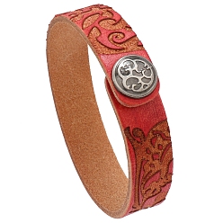 Red Branch Pattern Cowhide Cord Bracelets, with Alloy Button, Red, 8-5/8 inch(22cm)