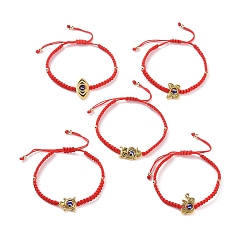 Red Adjustable Nylon Braided Bead Bracelets, Resin Evil Eye & Alloy Owl/Tortoise/Elephant/Eye/Butterfly Bead Bracelets for Women, Red, 1/4 inch(0.5cm), Inner Diameter: 1-7/8~3-1/8 inch(48~78mm)