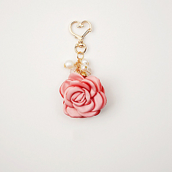 Coral Satin Rose Pendant Decorations, with Heart Lobster Claw Clasps, Coral, 105mm