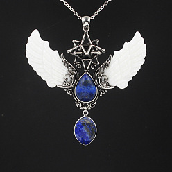 Lapis Lazuli Natural Lapis Lazuli Angel Wing Big Pendants, Star Charms with Shell Wing, Antique Silver, 85x75x25mm