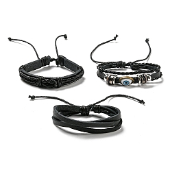 Black 3Pcs 3 Style Adjustable Braided Imitation Leather Cord Bracelet Sets, Alloy Evil Eye & Wood Beaded Stackable Bracelets with Waxed Cord for Men, Black, Inner Diameter: 2-1/8~3-1/8 inch(5.5~80cm), 1Pc/style