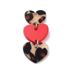 Red Valentine's Day Opaque Acrylic Pendants, with Iron Jump Rings, Leopard Print Heart, Red, 50x20.5x2.5mm, Hole: 1.8mm
