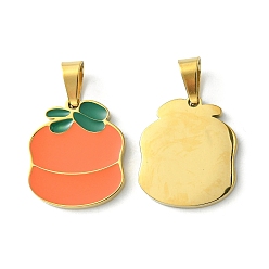 Golden Ion Plating(IP) 304 Stainless Steel Manual Polishing Pendants, with Enamel and 201 Stainless Steel Clasp, Orange Charms, Golden, 16.5x14x1.5mm, Hole: 3x5.5mm