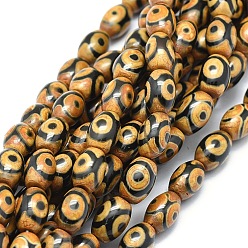 Peru Tibetan Style 3-Eye dZi Beads Strands, Natural Agate Beads, Dyed & Heated, Oval, 11~12x7~9mm, Hole: 0.8mm, about 30pcs/strand, 14.1 inch(36cm)