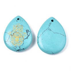 Synthetic Turquoise Synthetic Turquoise Pendants, Teardrop with Hamsa Hand Pattern, 32~33.5x25~26x6.5~7.5mm, Hole: 2mm, 6pcs/bag