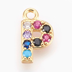 Letter P Brass Micro Pave Cubic Zirconia Charms, Letter, Golden, Letter.P, 13~14x7~10x2~2.5mm, Hole: 1.5~1.8mm
