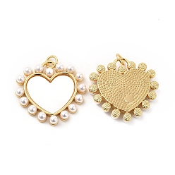 Golden Shell Pendants, Heart Charms, with ABS Imitation Pearl and Brass Findings, Golden, 24x25x4.5mm, Hole: 3mm