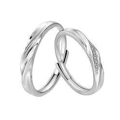 Platinum Rhodium Plated 925 Sterling Silver Wave Adjustable Couple Rings, Clear Cubic Zirconia Rings for Lovers, Platinum, US Size 10 1/4(19.9mm), US Size 7 3/4(17.9mm)