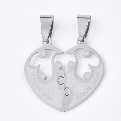 Stainless Steel Color 201 Stainless Steel Split Pendants, for Lovers, Heart with Heart, with Lovers & Word I Love You, For Valentine's Day, Stainless Steel Color, 26x27.5x1mm, Hole: 8x4mm