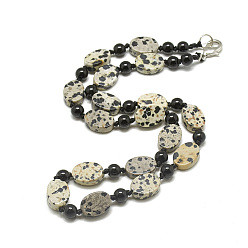 Jasper Natural Dalmatian Jasper Beaded Necklaces, with Alloy Lobster Clasps, Oval, 18.1 inch~18.5  inch(46~47cm), Oval: 14~14.5x10~10.5x4.5~5mm