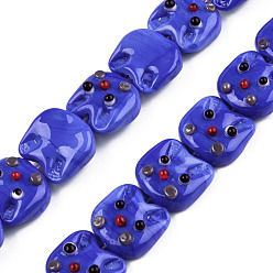 Blue Handmade Lampwork Beads, Cat's Head, Blue, 15~16x16~16.5x7mm, Hole: 1.2mm, about 25pcs/strand, 14.37 inch(36.5cm)