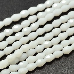 White Imitation Jade Faceted Teardrop Glass Beads Strands, White, 5x3mm, Hole: 1mm, about 100pcs/strand, 17.7 inch~19.6 inch