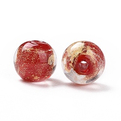 Roja Perlas de cristal hechas a mano la hoja de oro, rondo, rojo, 10x9~10 mm, agujero: 1.6~2 mm