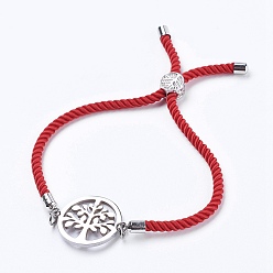 Red Nylon Twisted Cord Bracelets, Slider Bracelets, Bolo Bracelets, with 304 Stainless Steel Links, Flat Round with Life of Tree, Red, 9 inch(23cm), 3mm