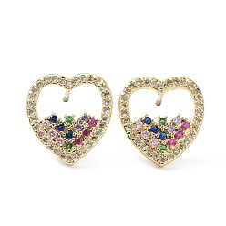 Real 18K Gold Plated Heart Earrings for Valentine's Day, Brass Micro Pave Cubic Zirconia Stud Earrings, Real 18K Gold Plated, 13.5x13mm, Pin: 0.8mm