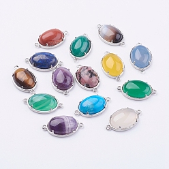 Mixed Stone Brass Natural/Synthetic Gemstone Links connectors, Oval, Platinum, 15~15.5x25.5~26x6.5~7mm, Hole: 1.5~2mm