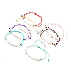 Mixed Color Adjustable Nylon Cord Braided Bead Bracelets, with Natural Cultured Freshwater Pearl Beads and Golden Plated Brass Beads, Mixed Color, Inner Diameter: 1/2 inch~3-3/4 inch(1.4~9.5cm)