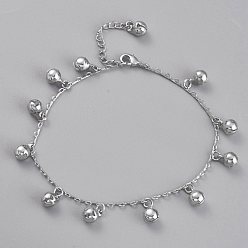 Platinum Brass Bell Charm Anklets, with Cable Chains and Lobster Claw Clasps, Platinum, 8-1/8 inch(20.7cm)