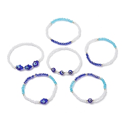 Синий 6 шт. 6 стильные браслеты из стекла и лэмпворк сглаз и хамса, расшитые вручную бисером, эластичные браслеты, синие, внутренний диаметр: 2-1/8 дюйм (5.5 см), 1 шт / стиль