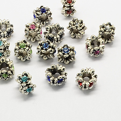 Mixed Color Alloy Rhinestone European Beads, Flower Large Hole Beads, Antique Silver, Mixed Color, 11x9mm, Hole: 5mm