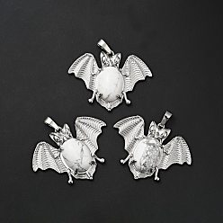 Howlite Natural Howlite Pendants, with Platinum Tone Brass Findings, Lead Free & Cadmium Free, Bat Charms, 32x43x8mm, Hole: 5x8mm