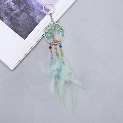 Light Green Natural Green Quartz Tree of Life Keychain, Iron Woven Net with Feather Keychain, Light Green, 280mm