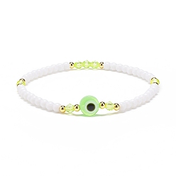 Jaune Vert Mauvais œil en résine et bracelet extensible en perles acryliques pour femme, jaune vert, diamètre intérieur: 2-1/8 pouce (5.5 cm)