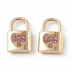 Oro Colgantes de diamantes de imitación rosa claro de aleación, candado con amuleto de corazón, dorado, 15x9.5x3.5 mm, agujero: 5x5 mm