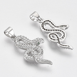 Real Platinum Plated Brass Micro Pave Clear Cubic Zirconia Pendants, Snake, Real Platinum Plated, 25x14x3mm, Hole: 4.5x3mm