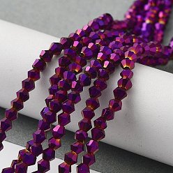 Plateado Púrpura Abalorios de vidrio electrochapdo, arco iris chapado, bicono facetados, púrpura chapado, 4x4.5 mm, agujero: 1 mm, sobre 92~96 unidades / cadena, 13.78~14.37 pulgada