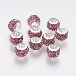 Light Amethyst 304 Stainless Steel European Beads, with Polymer Clay Rhinestone, Large Hole Beads, Rondelle, Light Amethyst, 11x7.5mm, Hole: 5mm