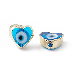 Deep Sky Blue Handmade Evil Eye Lampwork Beads, with Brass Findings, Lead Free & Cadmium Free, Long-Lasting Plated, Heart, Deep Sky Blue, 11~11.5x12~12.5x5.5~6mm, Hole: 1.5mm
