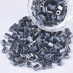 Slate Gray 6/0 Glass Seed Beads, Transparent Colours Luster, Square Hole, Cube, Slate Gray, 6/0, 3~5x3~4x3~4mm, Hole: 1.2~1.4mm, about 4500pcs/bag