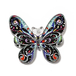 Black Printed Acrylic Pendants, with Sequins, Butterfly Charm, Black, 30.5x34.5x2.5mm, Hole: 1.6mm