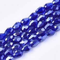 Azul Medio Abalorios de vidrio electrochapa, facetados, lustre de la perla chapado, lágrima, azul medio, 7.5~8x6 mm, agujero: 1 mm, sobre 66~68 unidades / cadena, 22.6 pulgada