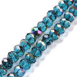 Turquoise Foncé Transparentes perles de verre de galvanoplastie brins, facette, rondelle, demi arc-en-ciel plaqué, turquoise foncé, 7.5~8x6.5~7mm, Trou: 1.4mm, Environ 65 pcs/chapelet, 16.77 pouce (42.6 cm)