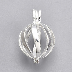 Серебро Подвески из латуни, для ожерелья, полый круглый, серебряный цвет гальваническим, 34x22.5x22.5 мм, отверстия: 3x6 мм, Внутренняя мера: 19 мм