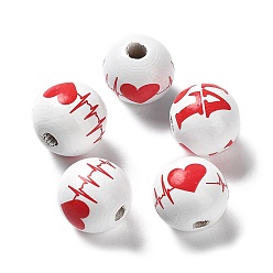 Heart Valentine's Day Theme Printed Wood Beads, Round, Heart, 15~16x14.5~15mm, Hole: 3~4mm
