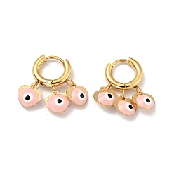 Pink Enamel Heart with Evil Eye Dangle Hoop Earrings, Gold Plated 304 Stainless Steel Jewelry for Women, Pink, 23mm, Pin: 1mm