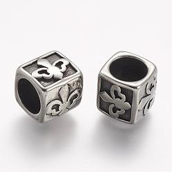 Antique Silver 304 Stainless Steel Beads, Cube, Large Hole Beads, Antique Silver, 11x11.5x12mm, Hole: 8mm