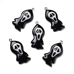 Black Halloween Opaque Resin Pendants, with Platinum Tone Iron Loops, Ghost, Black, 37.5x17x6.5mm, Hole: 2mm